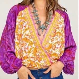 Free People Cruisin Together Printed Boho Gypsy Puff Sleeve Blouse